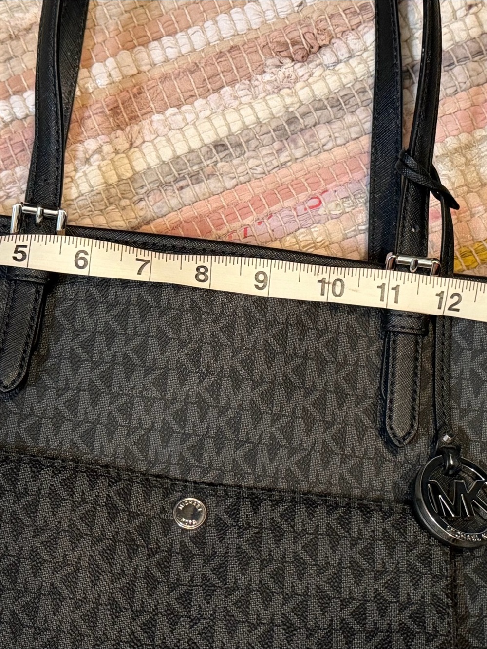 Michael Kors Black Logo-Print Tote with MK Charm - Picture 7 of 9